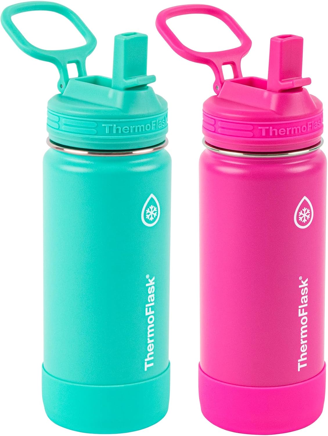 ThermoFlask Kids 16 oz Insulated Water Bottles with Straw Lid BPA-Free Stainless Steel Leakproof & Spill-Proof Design Easy Clean Wide Mouth 2-Pack for School, Sports, Playdates, Aquamarine/Storm Pink