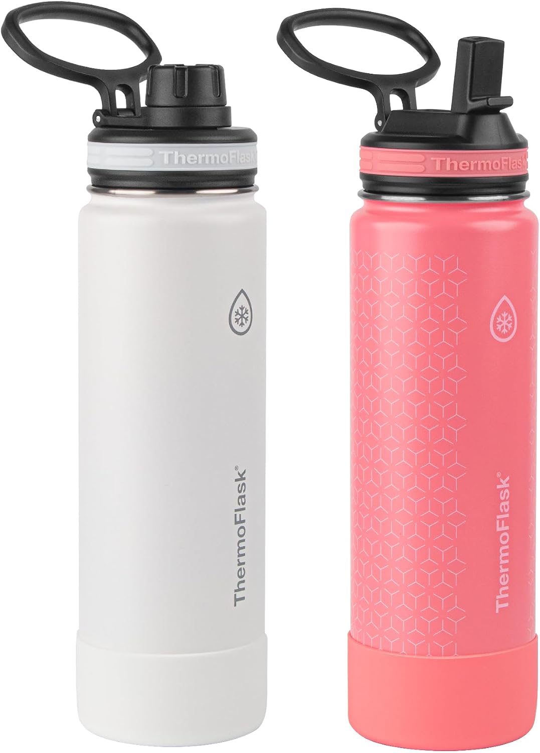 ThermoFlask Stainless Steel Water Bottles 2-Pack - Double-Wall Vacuum Insulated 24 oz BPA-Free Spout Lids - Keeps Drinks Cold 24 Hrs, Hot 12 Hrs - Leakproof, Dishwasher Safe, White/Coral White / Coral