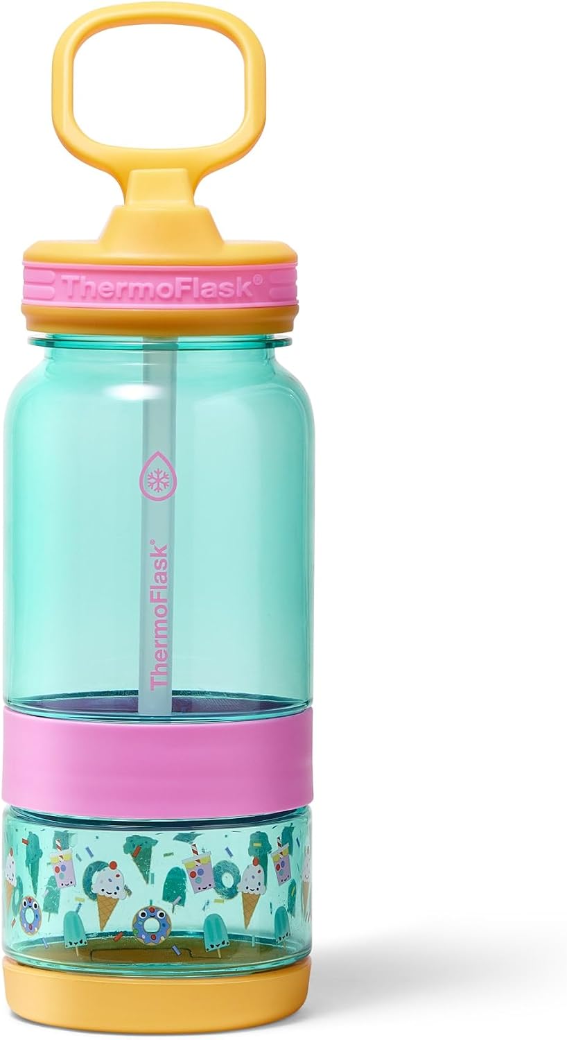 ThermoFlask 14 oz 2-in-1 Snack and Sip Durable Tritan Bottle with Integrated Snack Cup Compartment - Leakproof Folding Straw Lid - Protective Bumper - Teal Treats - BPA-Free Teal Sweets