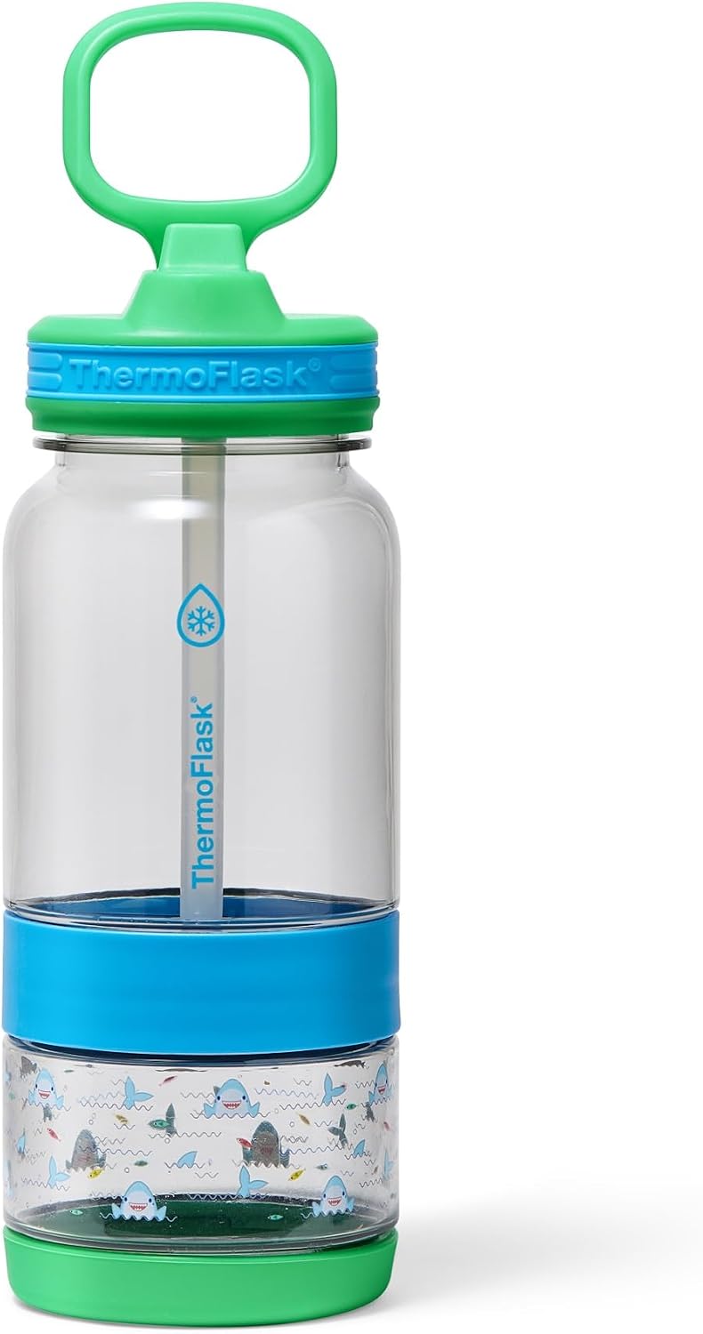 ThermoFlask 14 oz 2-in-1 Snack and Sip Durable Tritan Bottle with Integrated Snack Cup Compartment - Leakproof Folding Straw Lid - Protective Bumper - Green Sharks - BPA-Free