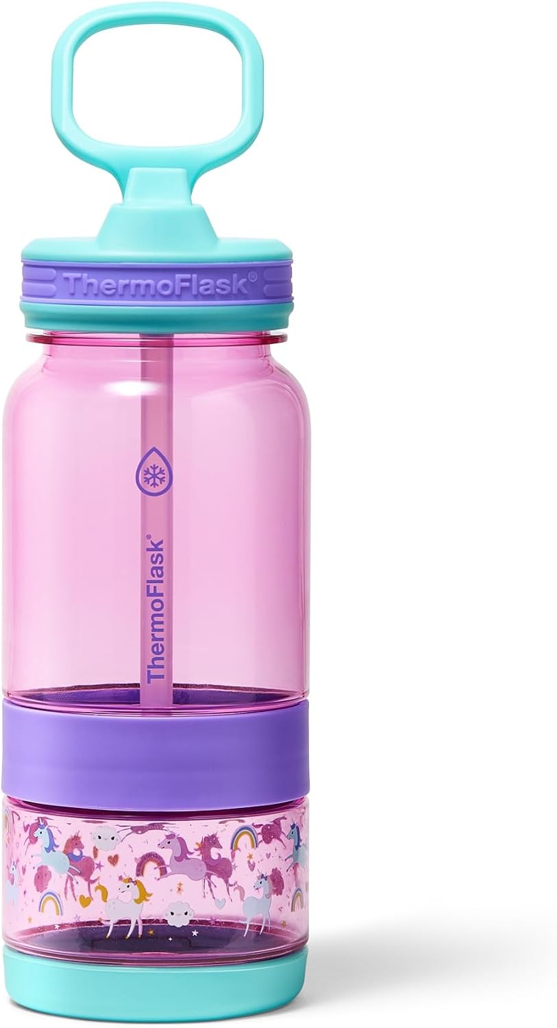 ThermoFlask 14 oz 2-in-1 Snack and Sip Durable Tritan Bottle with Integrated Snack Cup Compartment - Leakproof Folding Straw Lid - Protective Bumper - Pink Unicorns - BPA-Free