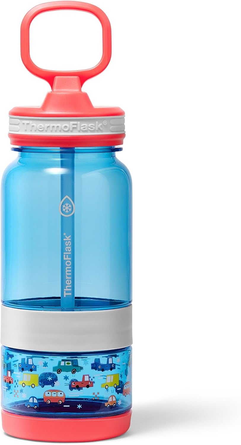 ThermoFlask 14 oz 2-in-1 Snack and Sip Durable Tritan Bottle with Integrated Snack Cup Compartment - Leakproof Folding Straw Lid - Protective Bumper - Blue Cars - BPA-Free