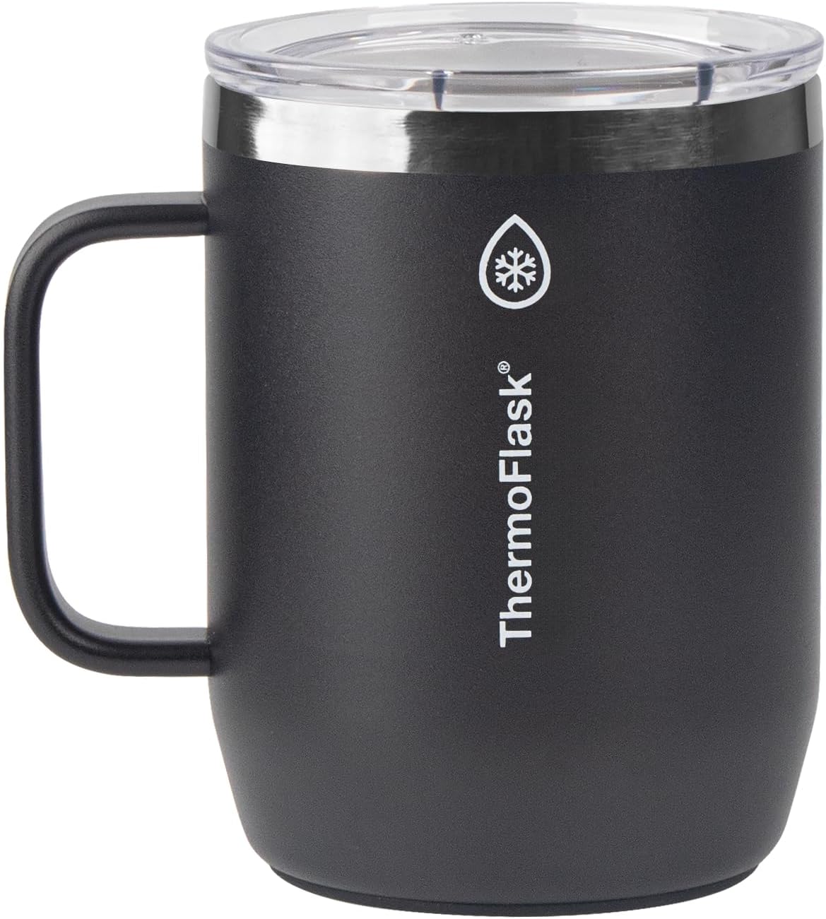 ThermoFlask Insulated Coffee Mug with Handle and Splash-Resistant Lid (12 oz, Jet Black) - Stainless Steel Travel Mug for Coffee & Tea