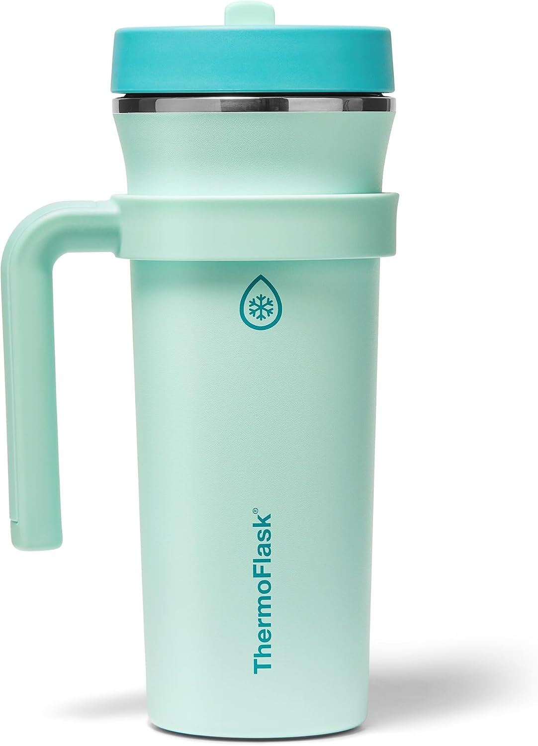 ThermoFlask 32 oz Double Wall Vacuum Insulated Stainless Steel Tumbler with Removable Handle, Foldable Straw Lid, Aqua Breeze